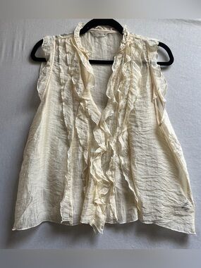 Zara Cream Sleeveless Semi Sheer Ruffle Front Blouse - L
